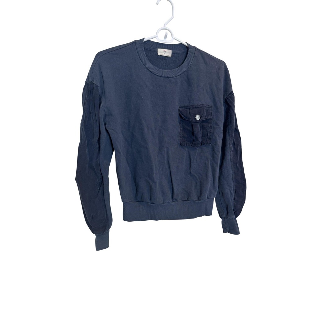 T.La Sweater Womens XXS‎ Blue Terry Puff Sleeve Button Pocket Crewneck Pullover